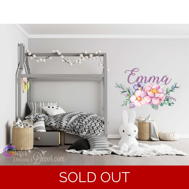 product Image for Peony Flowers Wall Sticker with Name - Personalized Peony Wall Decal - Girls Personalized Name Peony